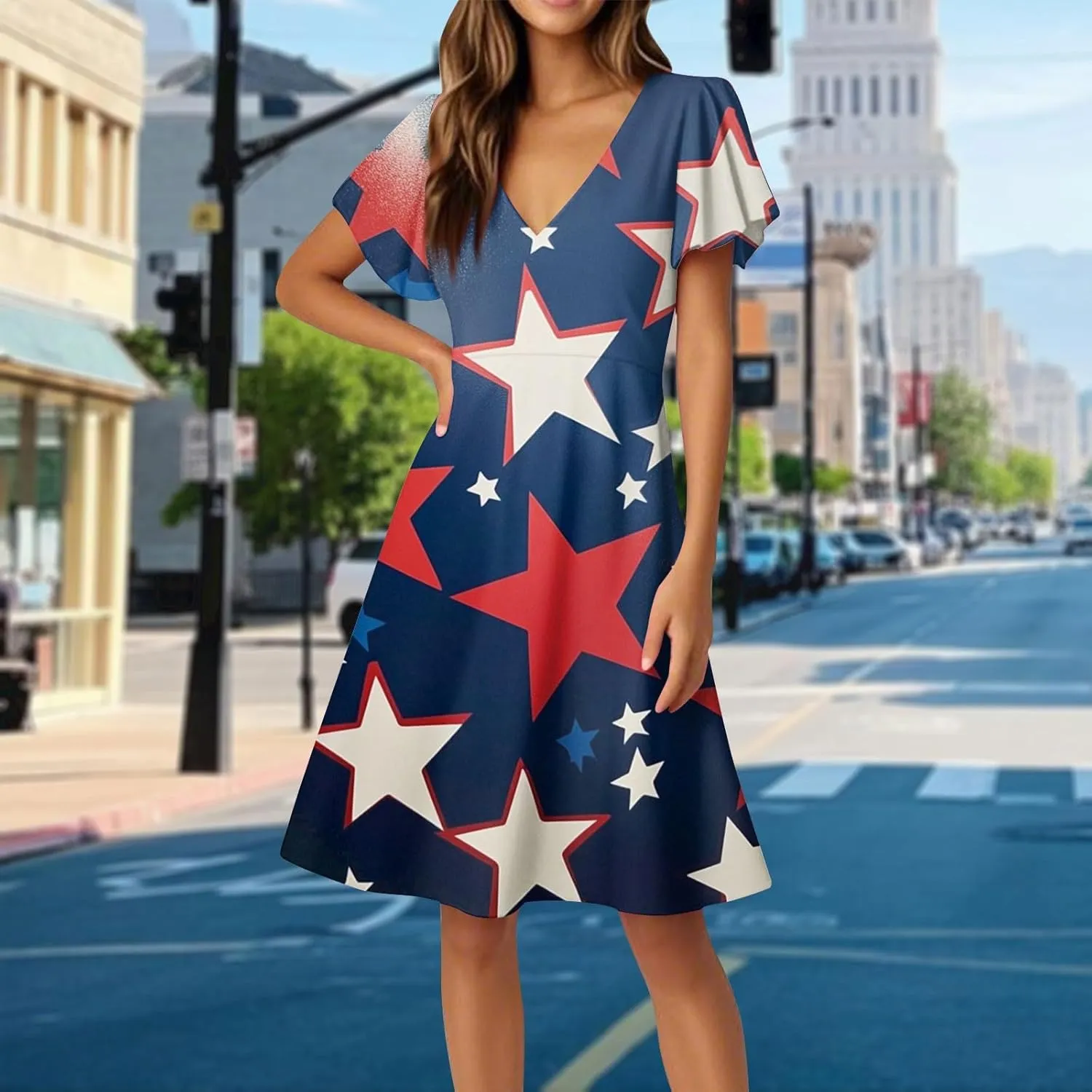 4Th of July Summer Midi Dress Women V Neck Short Sleeve A Line Red White and Blue Dress Patriotic American Flag Outfits