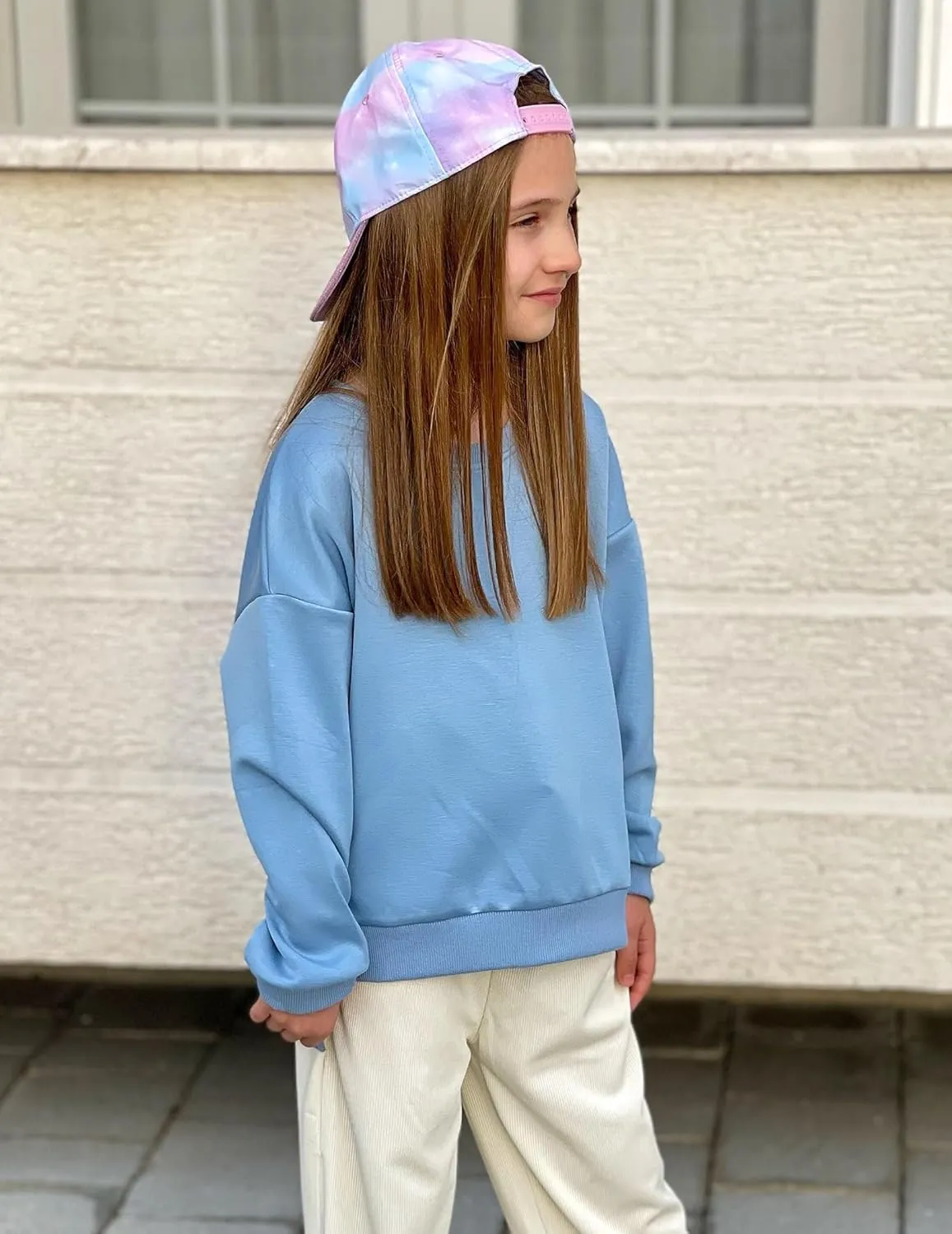 Arshiner Girls Crewneck Sweatshirt Long Sleeve Pullover Tops Drop Shoulder Sweatshirts Side Split for 5-14 Years