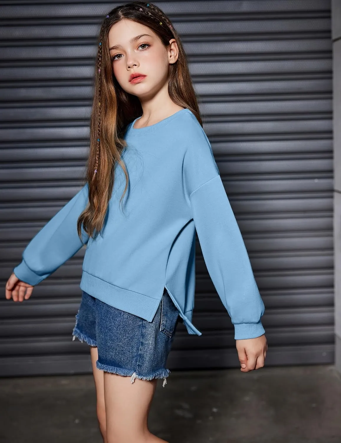 Arshiner Girls Crewneck Sweatshirt Long Sleeve Pullover Tops Drop Shoulder Sweatshirts Side Split for 5-14 Years