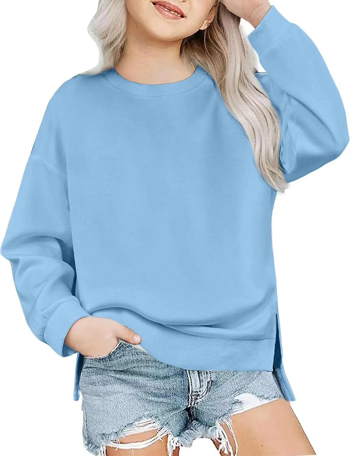 Arshiner Girls Crewneck Sweatshirt Long Sleeve Pullover Tops Drop Shoulder Sweatshirts Side Split for 5-14 Years