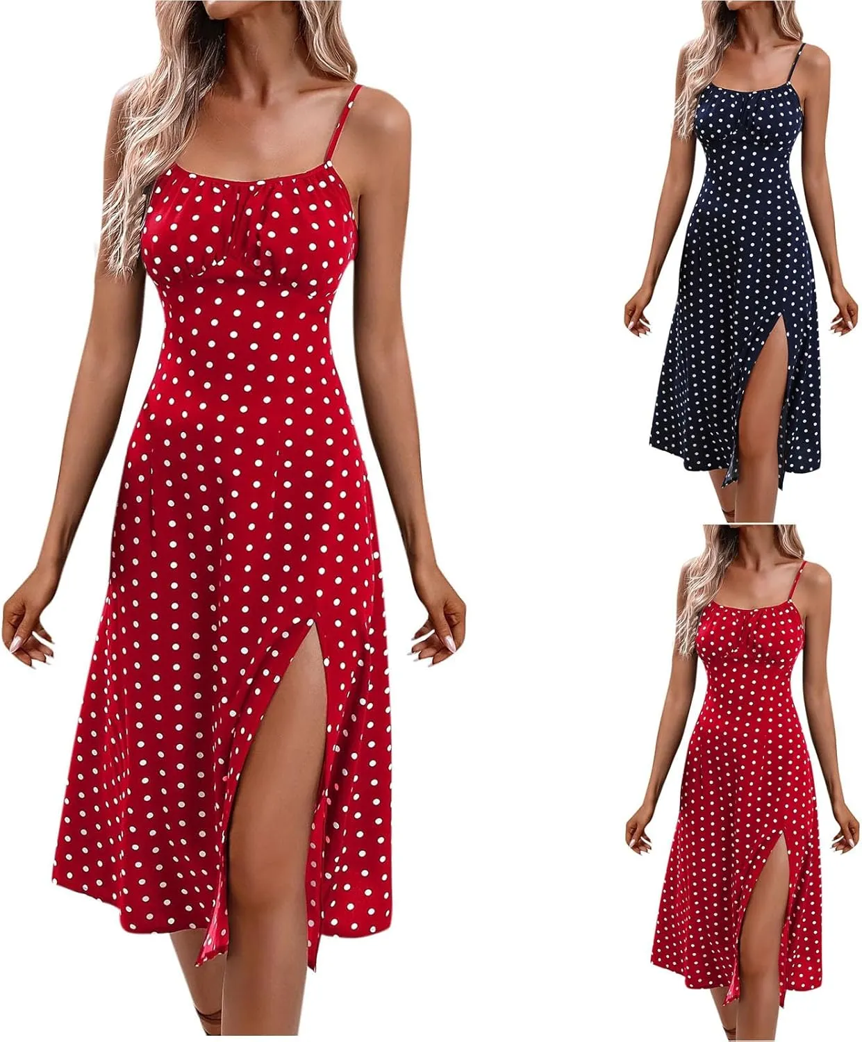 Binmer Women's Sleeveless Bodycon Slip Dress Adjustable Spaghetti Strap Midi Dress Cute Polka Dot Print Club Party Dresses