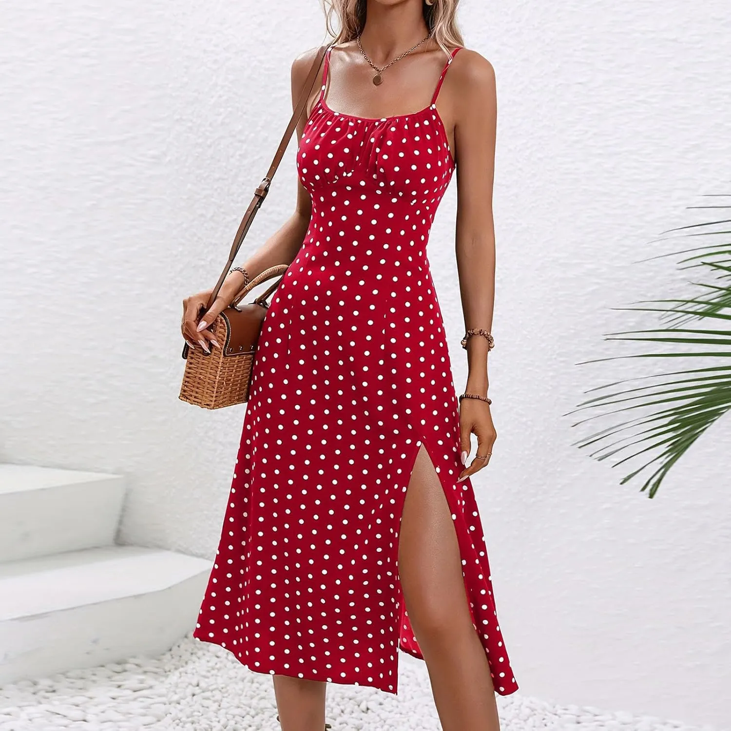 Binmer Women's Sleeveless Bodycon Slip Dress Adjustable Spaghetti Strap Midi Dress Cute Polka Dot Print Club Party Dresses