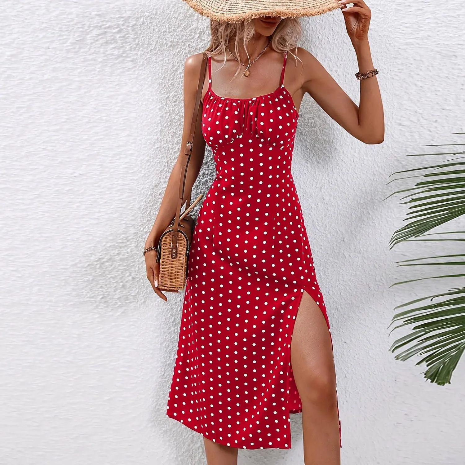 Binmer Women's Sleeveless Bodycon Slip Dress Adjustable Spaghetti Strap Midi Dress Cute Polka Dot Print Club Party Dresses