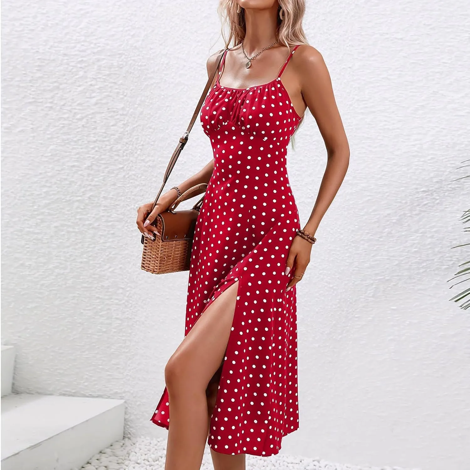 Binmer Women's Sleeveless Bodycon Slip Dress Adjustable Spaghetti Strap Midi Dress Cute Polka Dot Print Club Party Dresses