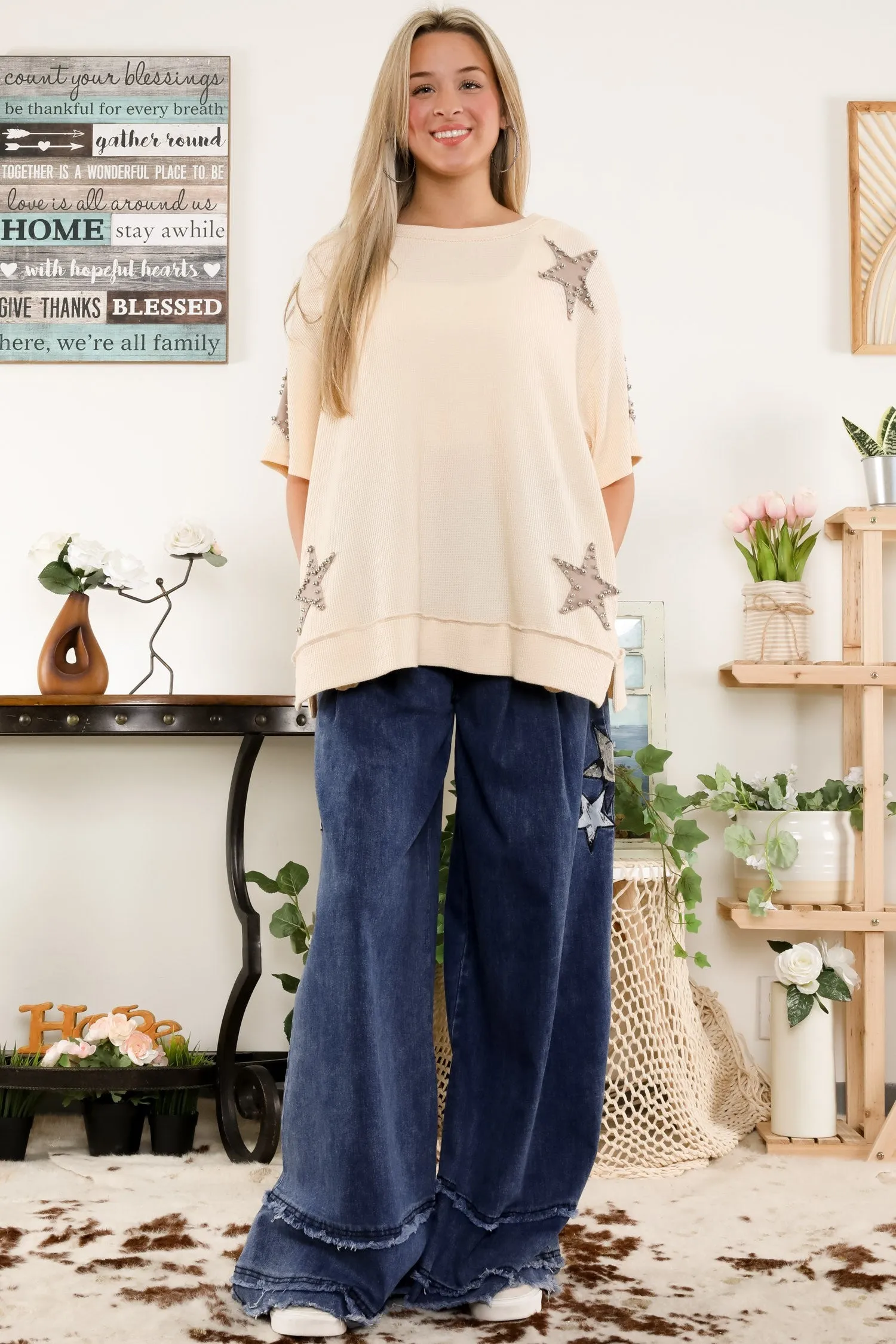 BlueVelvet Thermal Star Patched and Beaded Top in Taupe-Brown