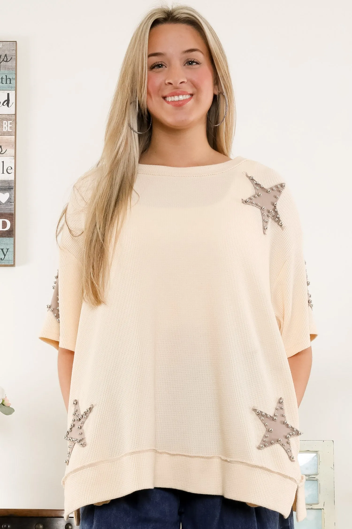 BlueVelvet Thermal Star Patched and Beaded Top in Taupe-Brown