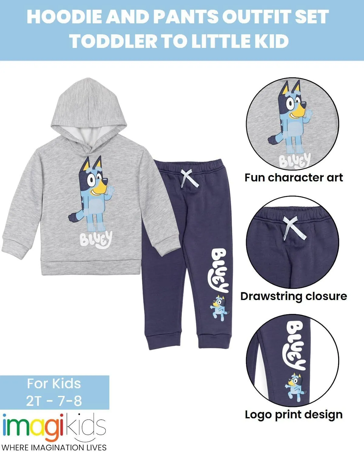 Bluey Fleece Pullover Hoodie and Pants Outfit Set Toddler to Little Kid Sizes (2T - 7-8)