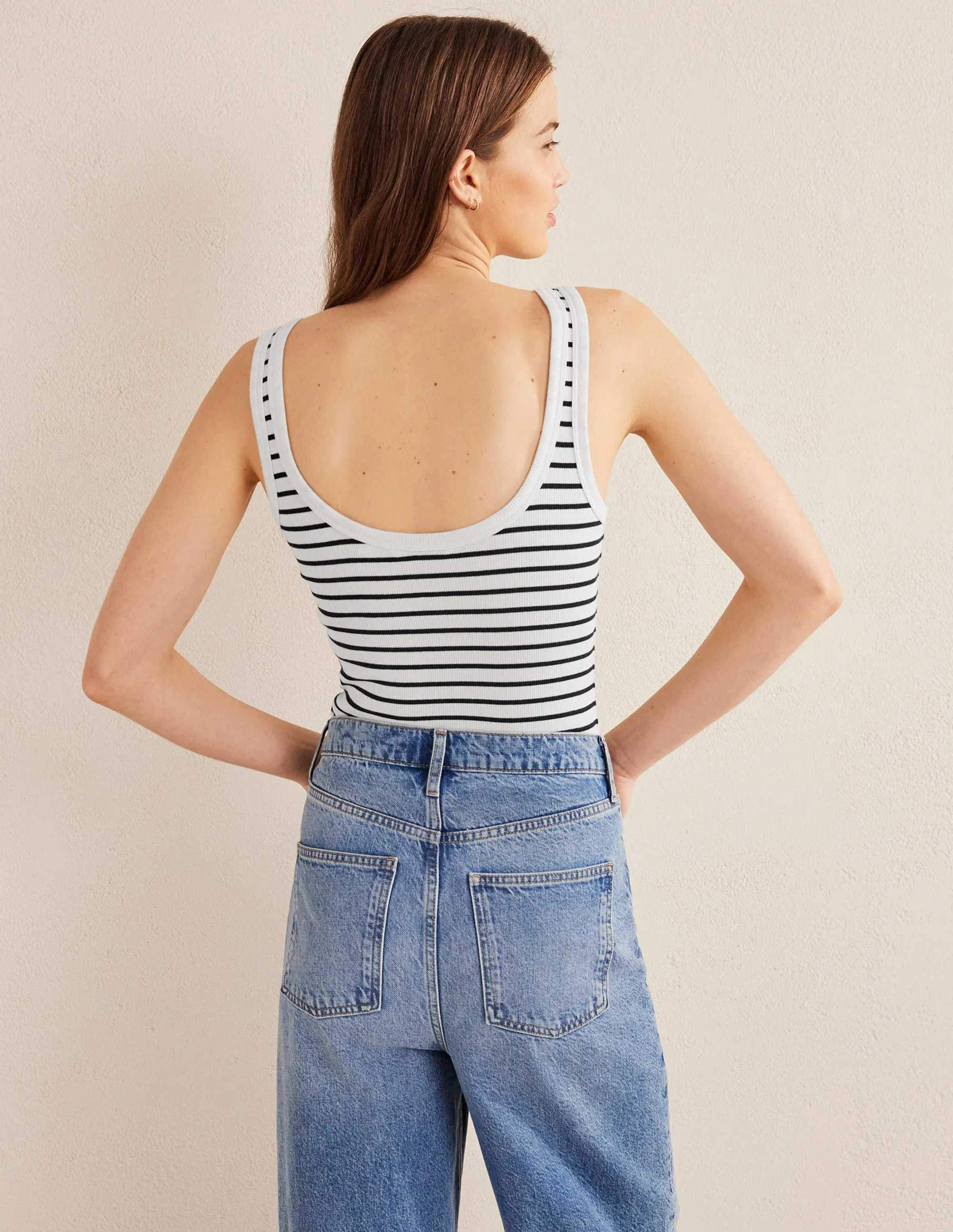 Cotton Ribbed Scoop Vest-Ivory / Navy Stripe
