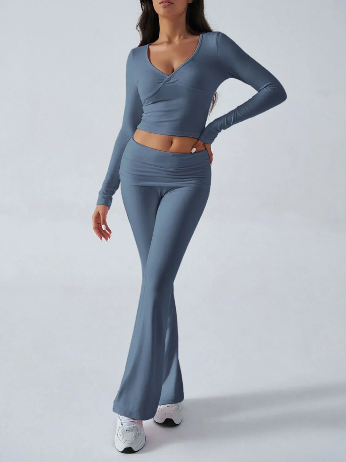 Devinia Long Sleeve Top & Fold Back Flare Pant Yoga Set