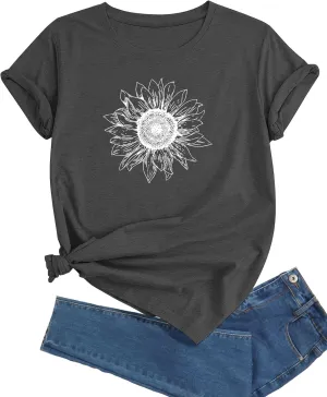 J&DHUASHA Women's Sunflower T-Shirt Short Sleeve Crewneck Floral Graphic Tees Summer Print Casual Tops