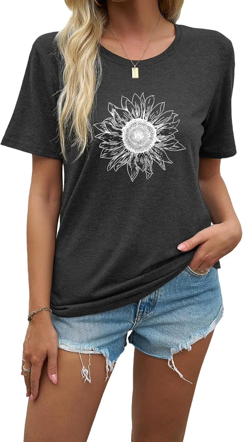 J&DHUASHA Women's Sunflower T-Shirt Short Sleeve Crewneck Floral Graphic Tees Summer Print Casual Tops