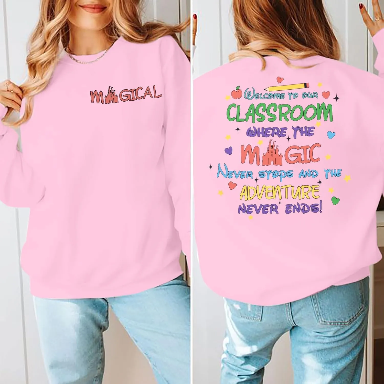 KNEYATTA Women Magic Sweatshirts Castle Graphic Tee Teacher Letter Shirt Family Vacation Long Sleeve Pullover