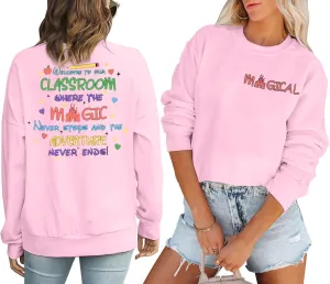 KNEYATTA Women Magic Sweatshirts Castle Graphic Tee Teacher Letter Shirt Family Vacation Long Sleeve Pullover