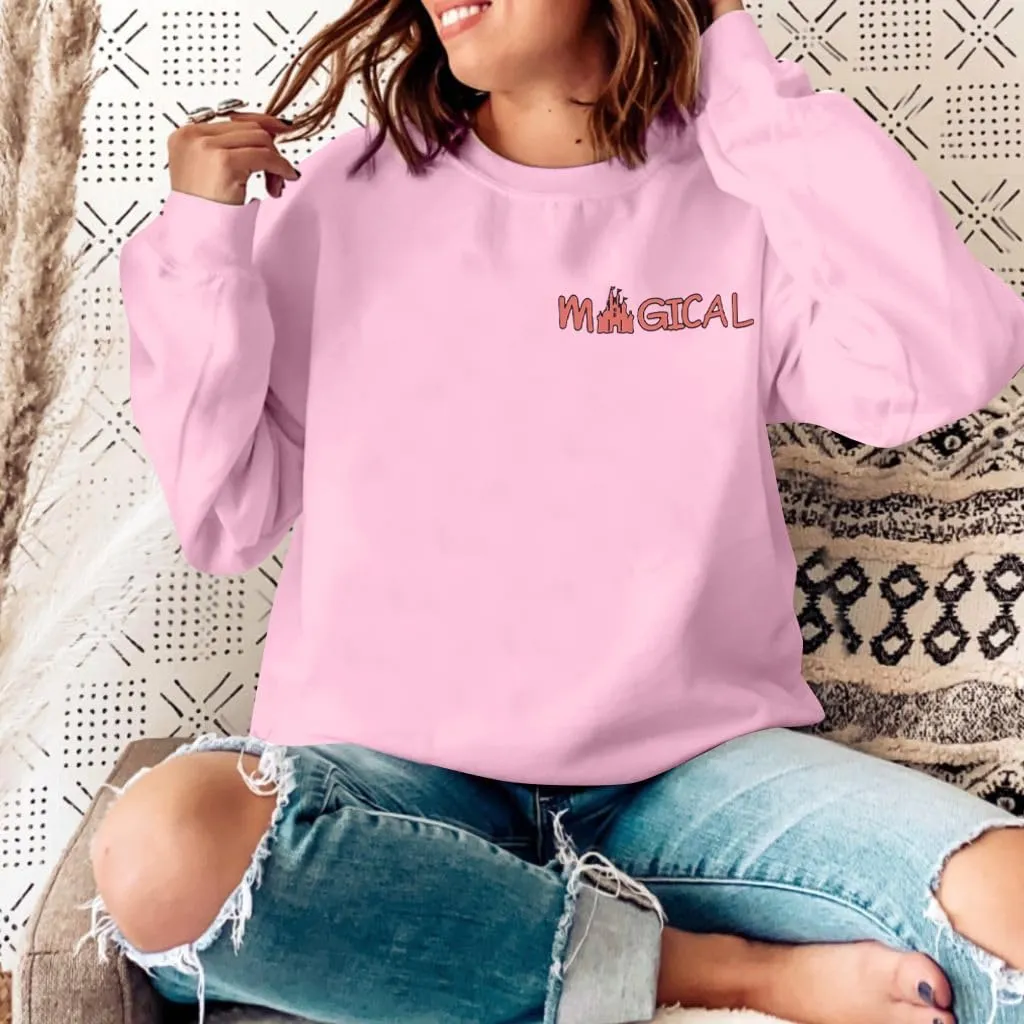 KNEYATTA Women Magic Sweatshirts Castle Graphic Tee Teacher Letter Shirt Family Vacation Long Sleeve Pullover