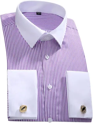 Pulcykp Men's Slim Fit French Cufflinks Shirt Long Sleeve Cotton Tuxedo Shirt Formal Dress Shirts