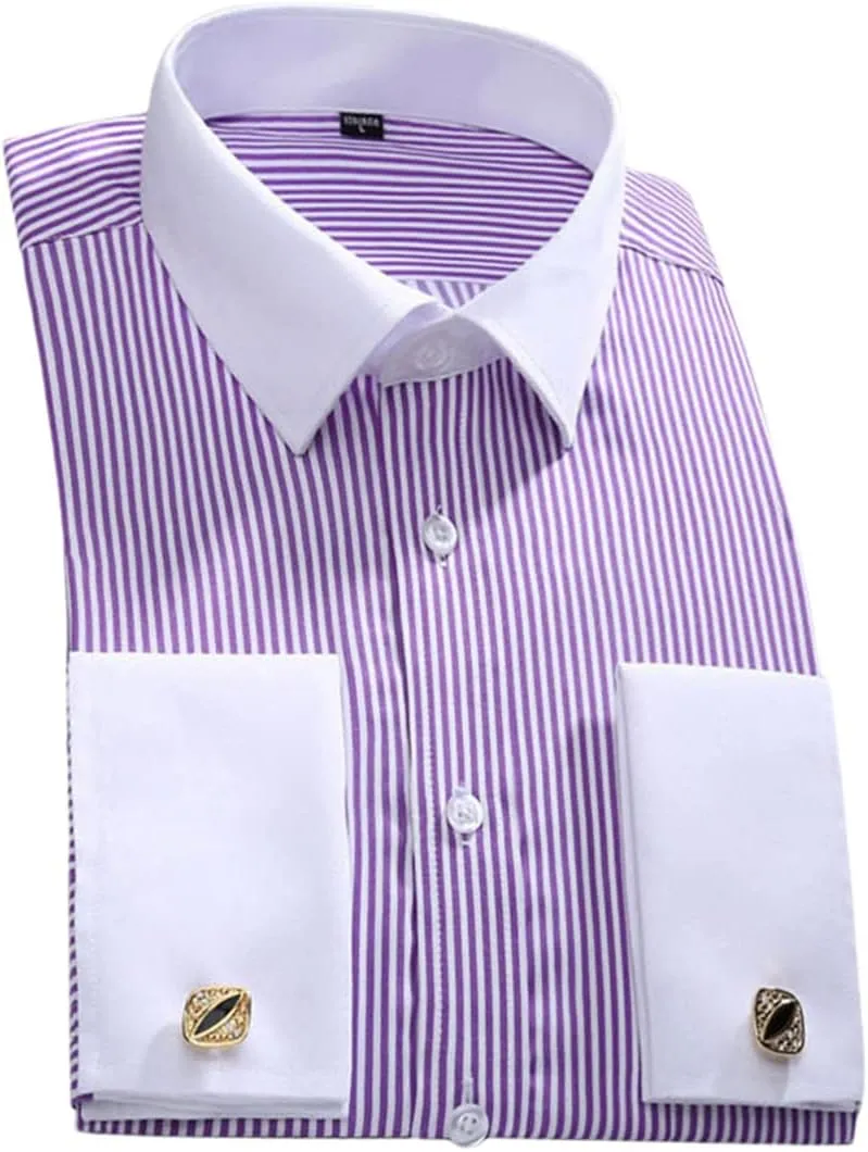 Pulcykp Men's Slim Fit French Cufflinks Shirt Long Sleeve Cotton Tuxedo Shirt Formal Dress Shirts