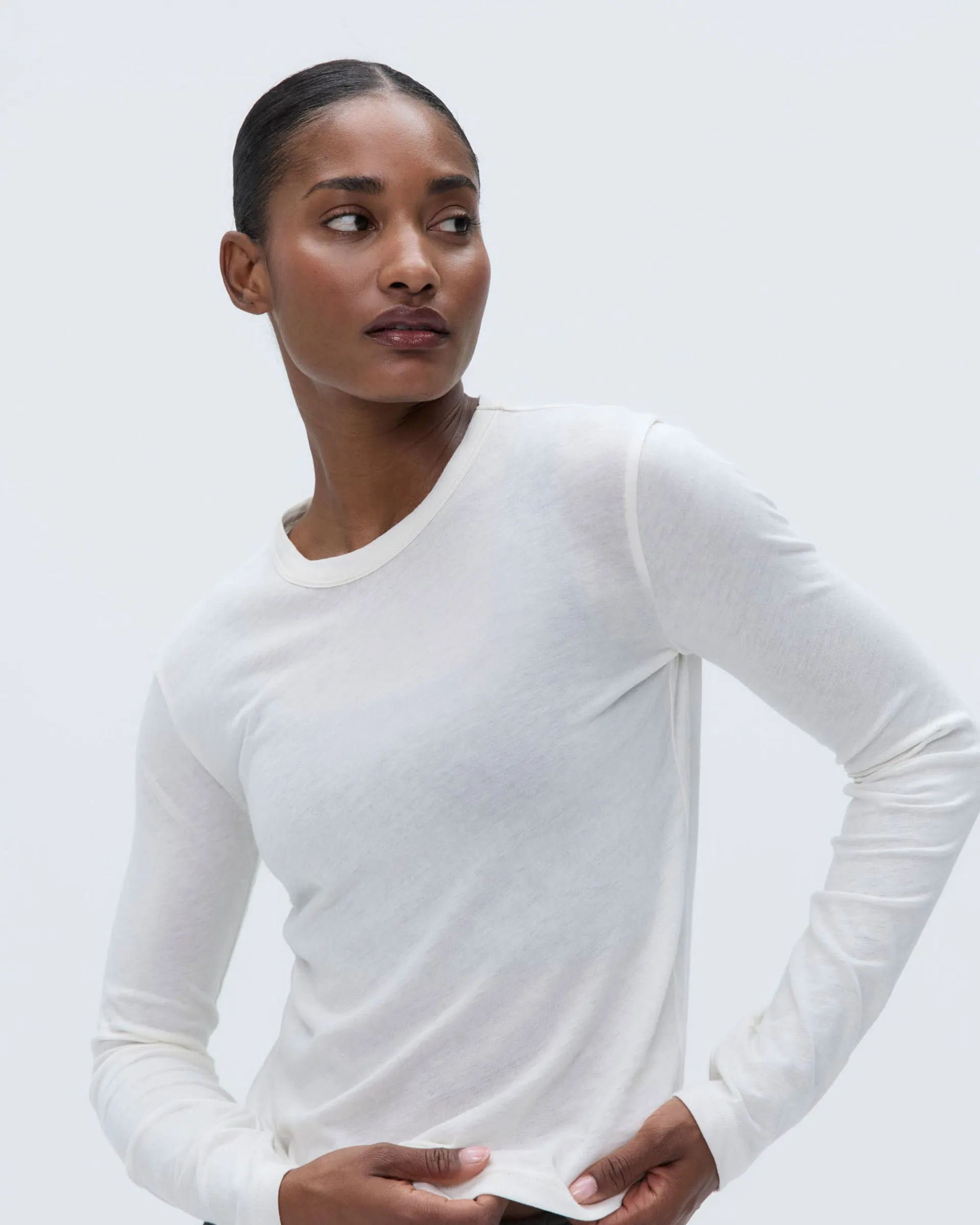 Sheer Long Sleeve Scoop Top - Marshmallow White