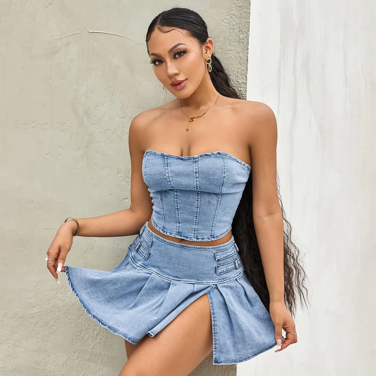 Women 2Pcs Jeans Outfit Sleeveless Off Shoulder Bandeau Low Waist Pleated Denim Skirt Sets for Summer Clubwear