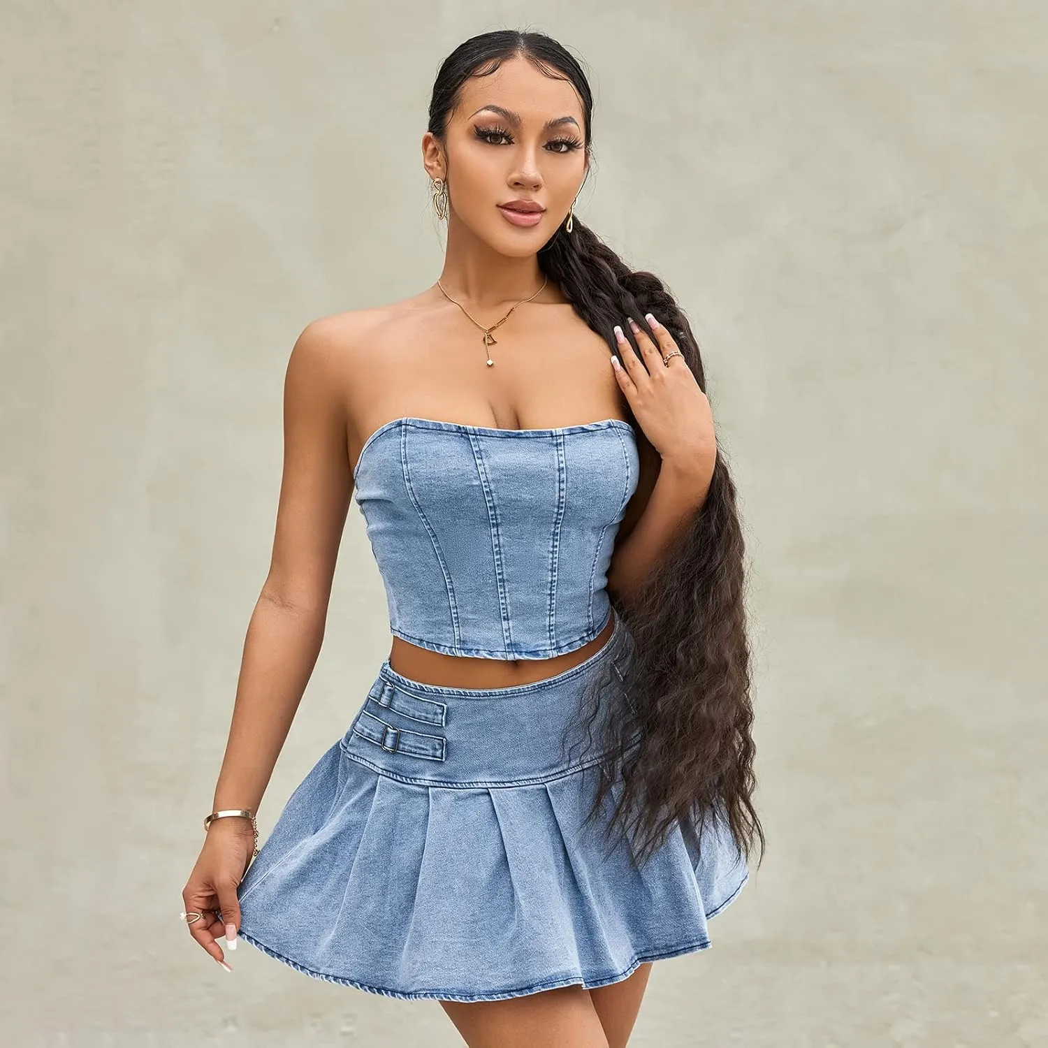 Women 2Pcs Jeans Outfit Sleeveless Off Shoulder Bandeau Low Waist Pleated Denim Skirt Sets for Summer Clubwear