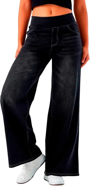 Women High Waisted Jeans Sweatpants That Look Like Jeans Stretchy Pull On Wide Leg Denim Pants with Pockets