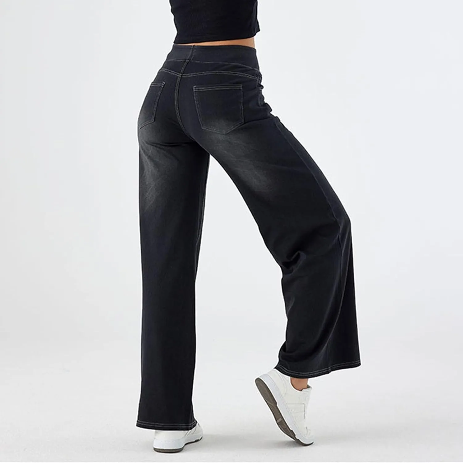 Women High Waisted Jeans Sweatpants That Look Like Jeans Stretchy Pull On Wide Leg Denim Pants with Pockets