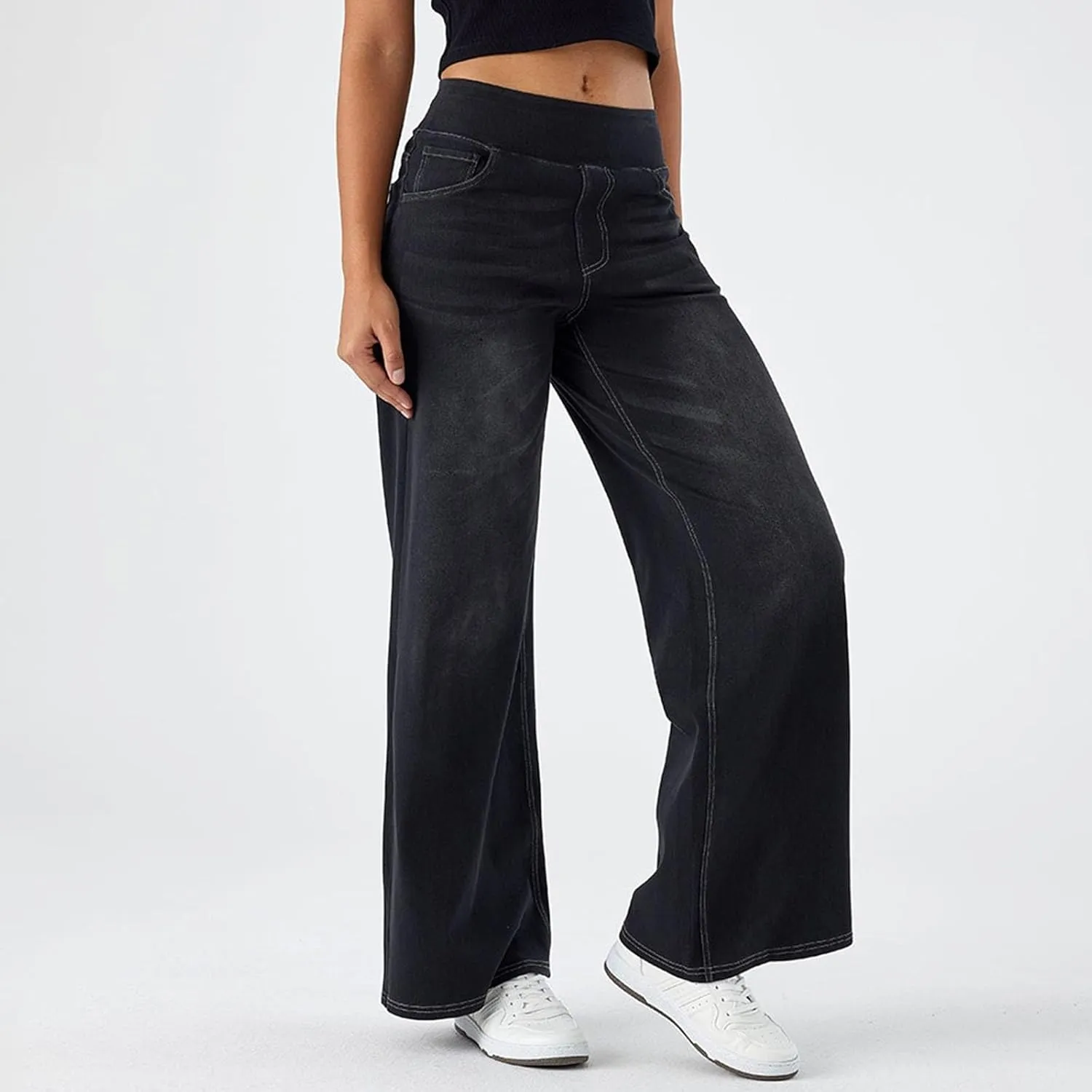 Women High Waisted Jeans Sweatpants That Look Like Jeans Stretchy Pull On Wide Leg Denim Pants with Pockets