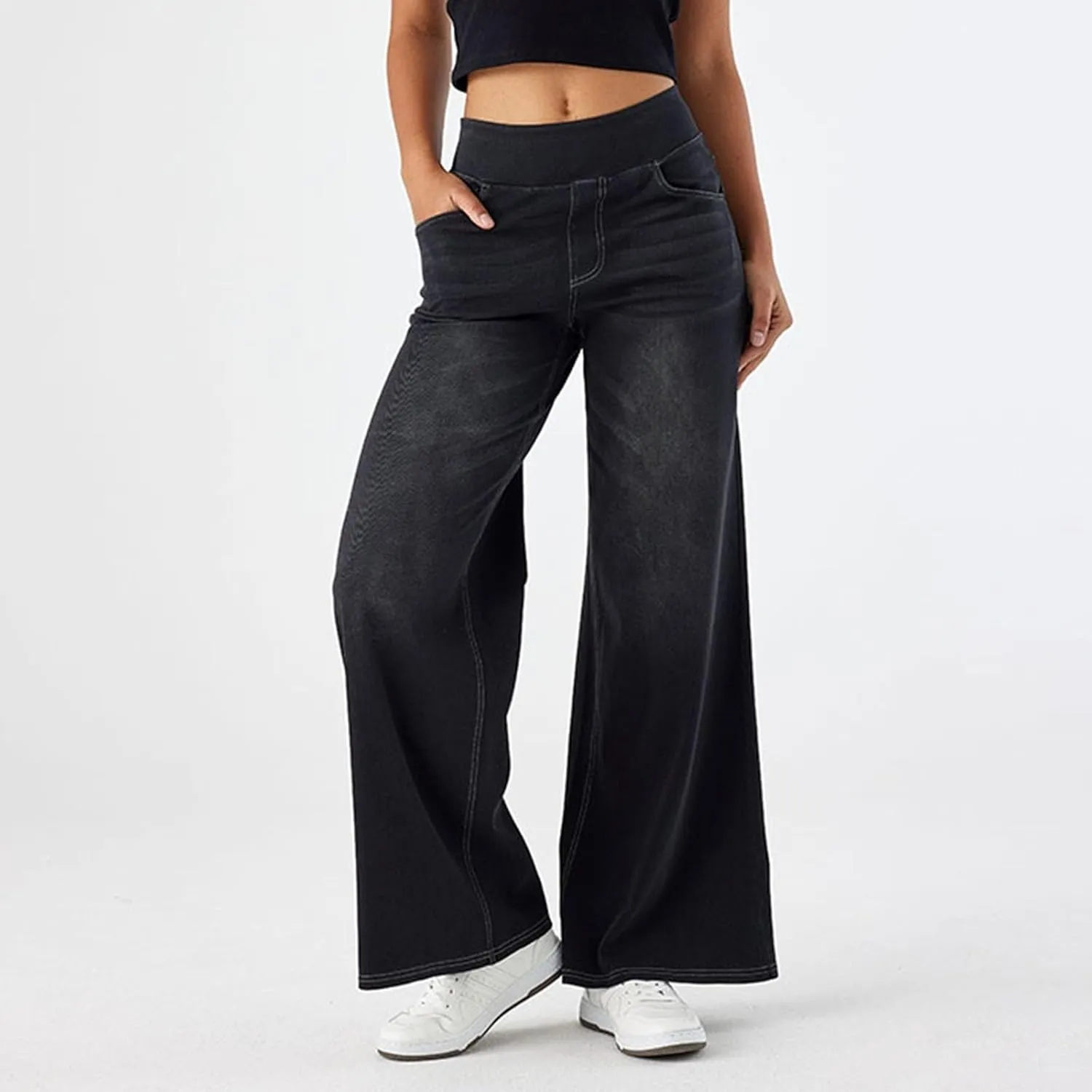 Women High Waisted Jeans Sweatpants That Look Like Jeans Stretchy Pull On Wide Leg Denim Pants with Pockets