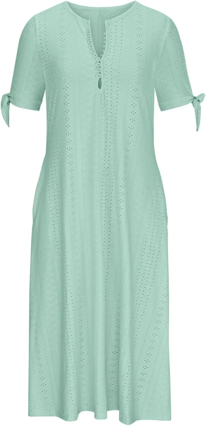 Womens Boho Maxi Long Dress Summer Dresses Trendy Eyelet Dress V Neck Beach Vacation Dress Casual Dress