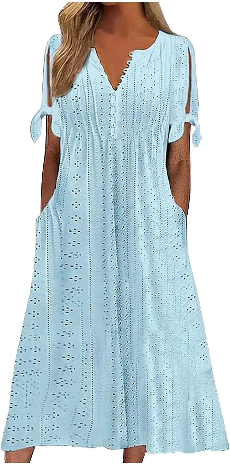 Womens Boho Maxi Long Dress Summer Dresses Trendy Eyelet Dress V Neck Beach Vacation Dress Casual Dress