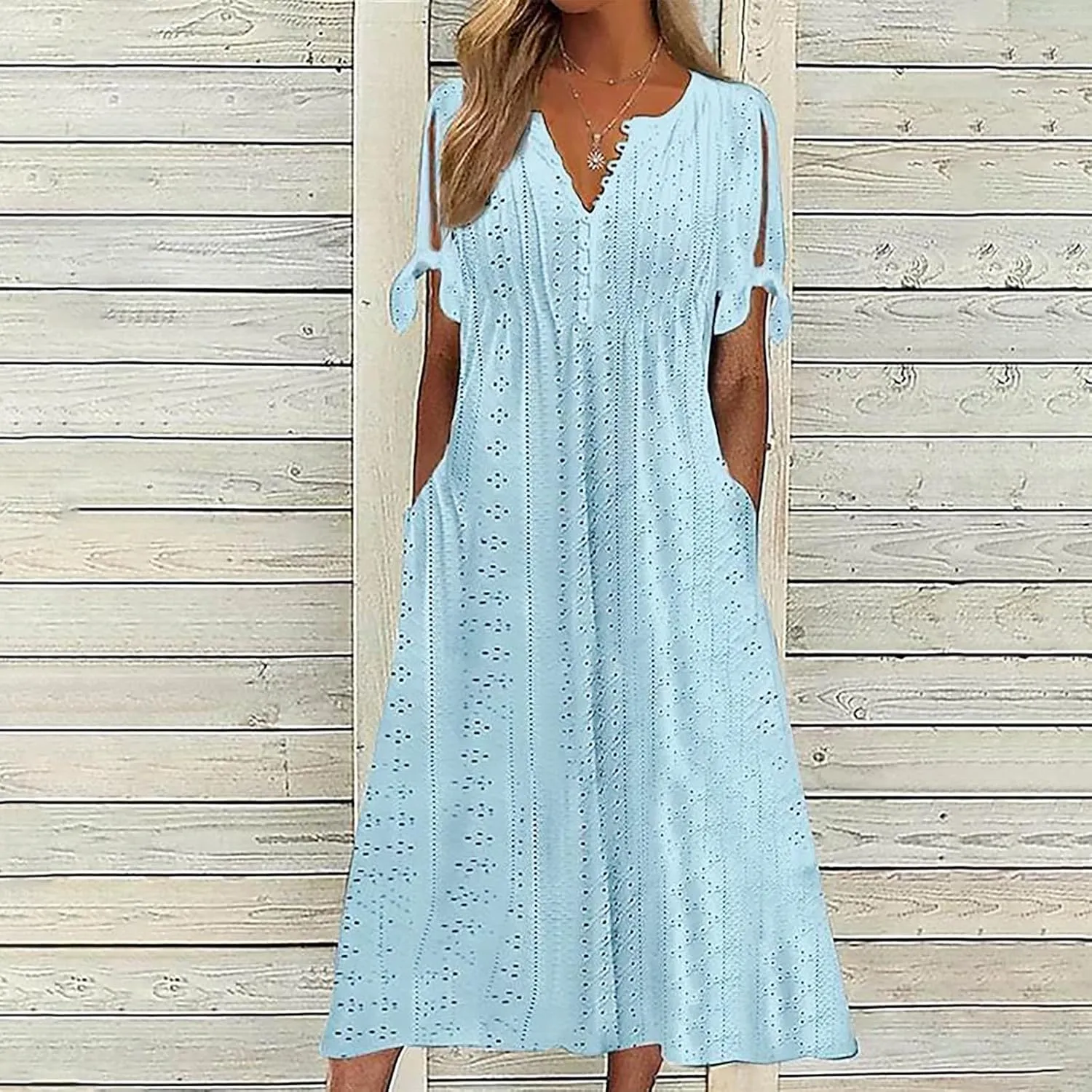 Womens Boho Maxi Long Dress Summer Dresses Trendy Eyelet Dress V Neck Beach Vacation Dress Casual Dress