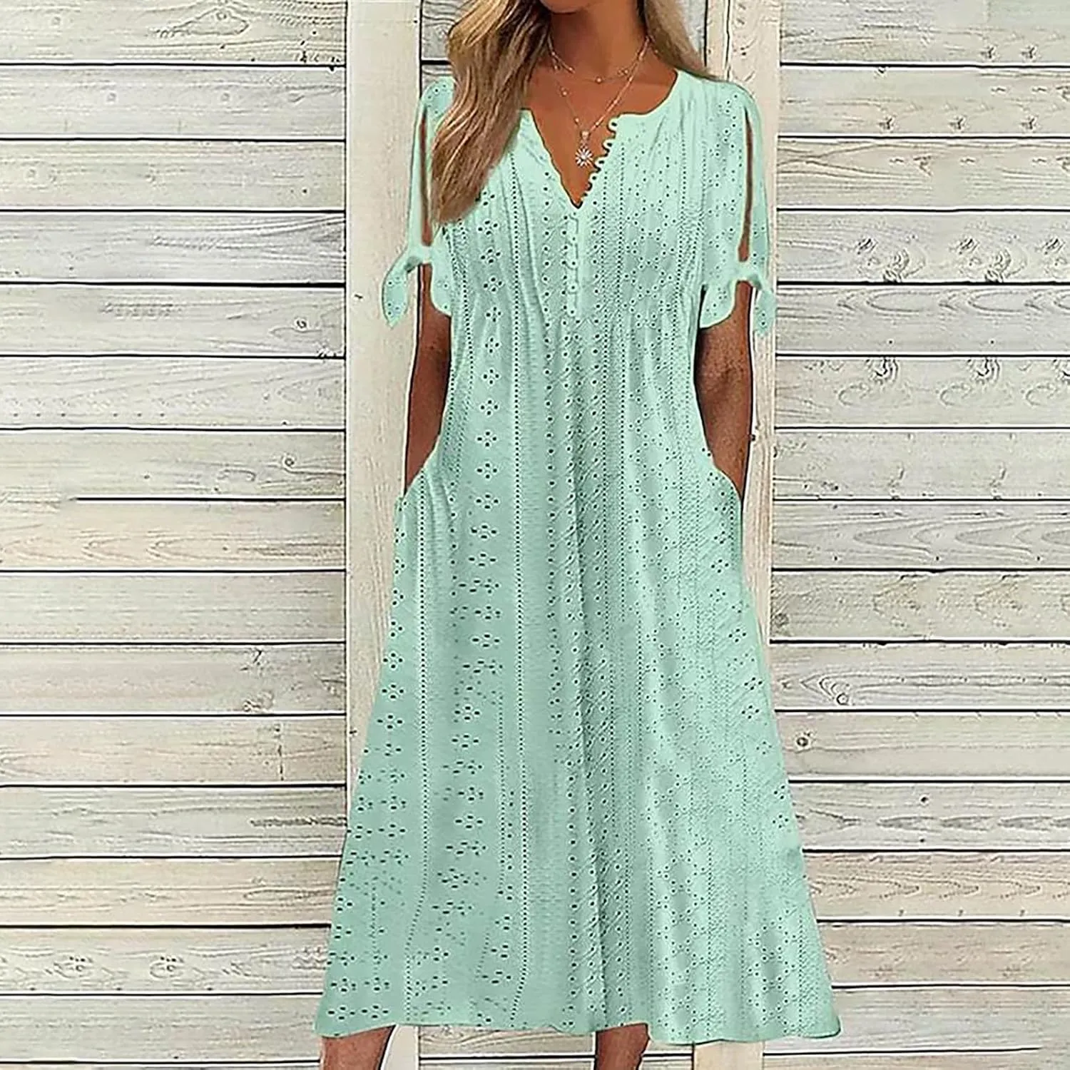 Womens Boho Maxi Long Dress Summer Dresses Trendy Eyelet Dress V Neck Beach Vacation Dress Casual Dress