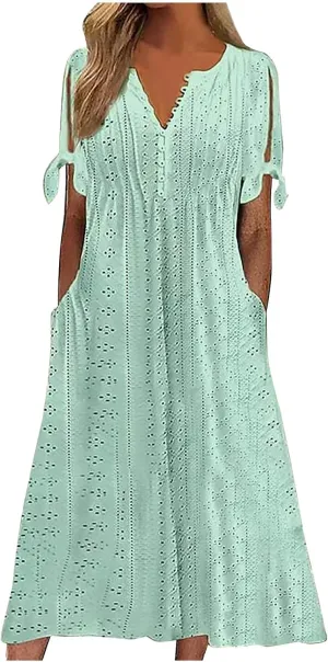 Womens Boho Maxi Long Dress Summer Dresses Trendy Eyelet Dress V Neck Beach Vacation Dress Casual Dress