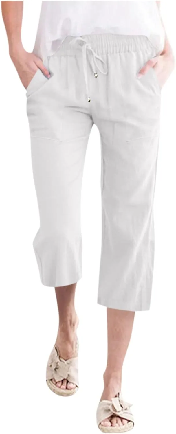 Women's Capri Summer Cotton Linen Pants Casual 2025 Drawstring Elastic Waist Cropped Trousers Beach Clothes