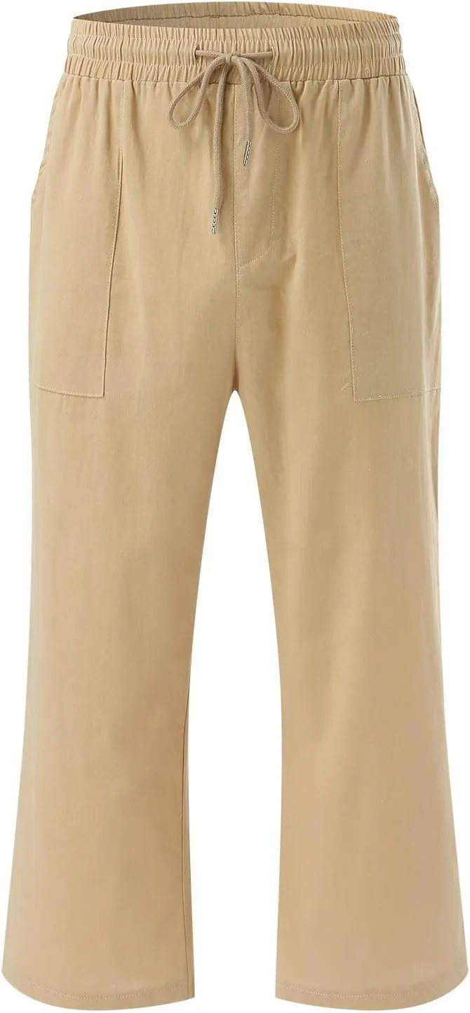 Women's Capri Summer Cotton Linen Pants Casual 2025 Drawstring Elastic Waist Cropped Trousers Beach Clothes