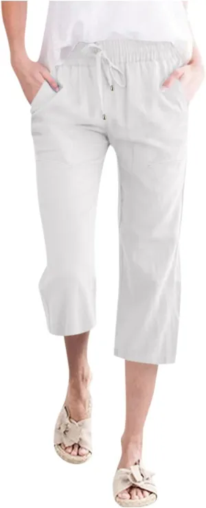 Women's Capri Summer Cotton Linen Pants Casual 2025 Drawstring Elastic Waist Cropped Trousers Beach Clothes