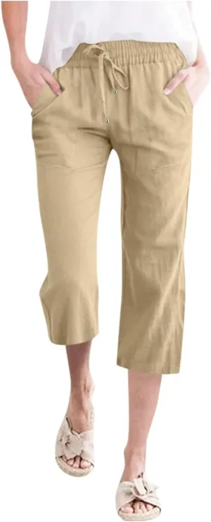 Women's Capri Summer Cotton Linen Pants Casual 2025 Drawstring Elastic Waist Cropped Trousers Beach Clothes