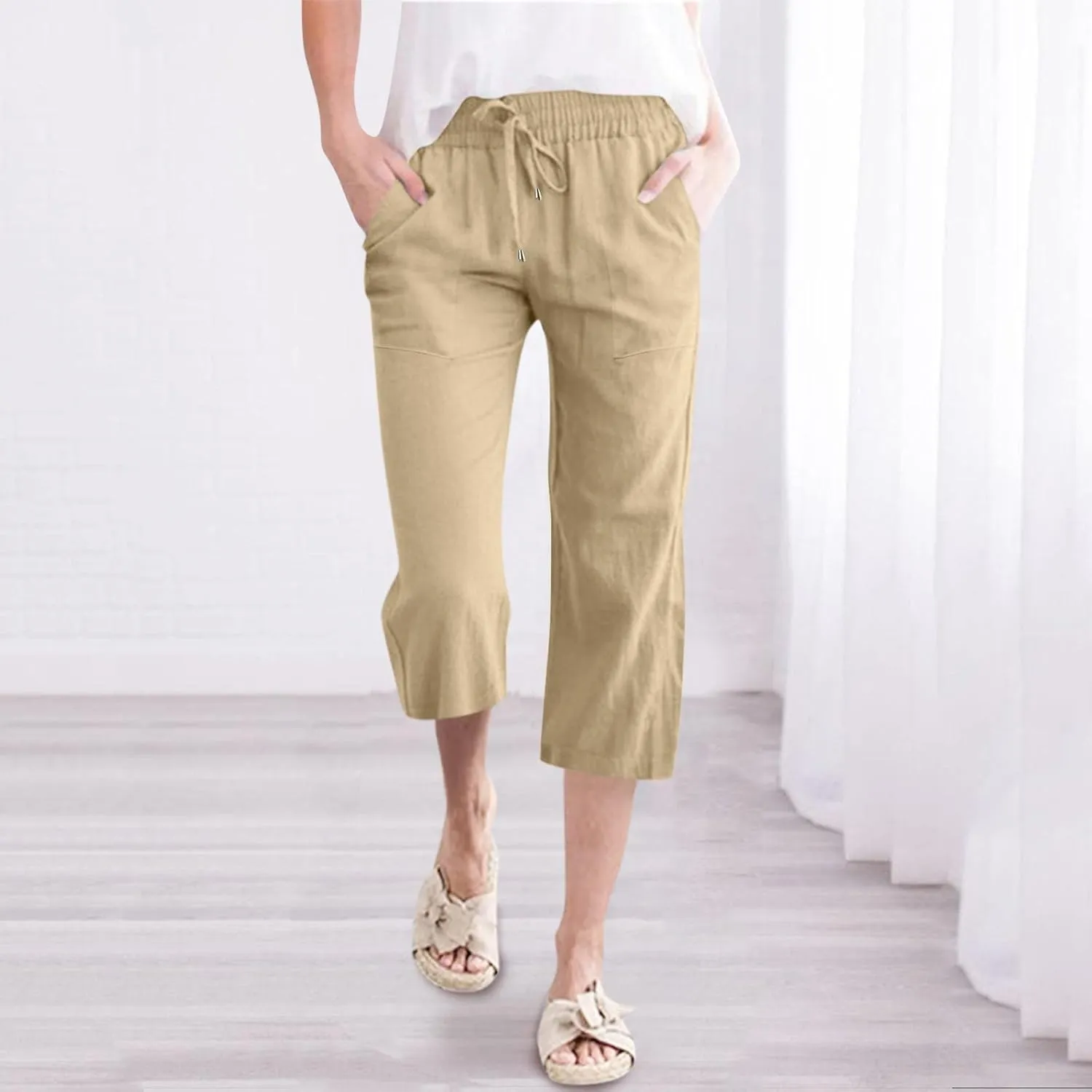 Women's Capri Summer Cotton Linen Pants Casual 2025 Drawstring Elastic Waist Cropped Trousers Beach Clothes