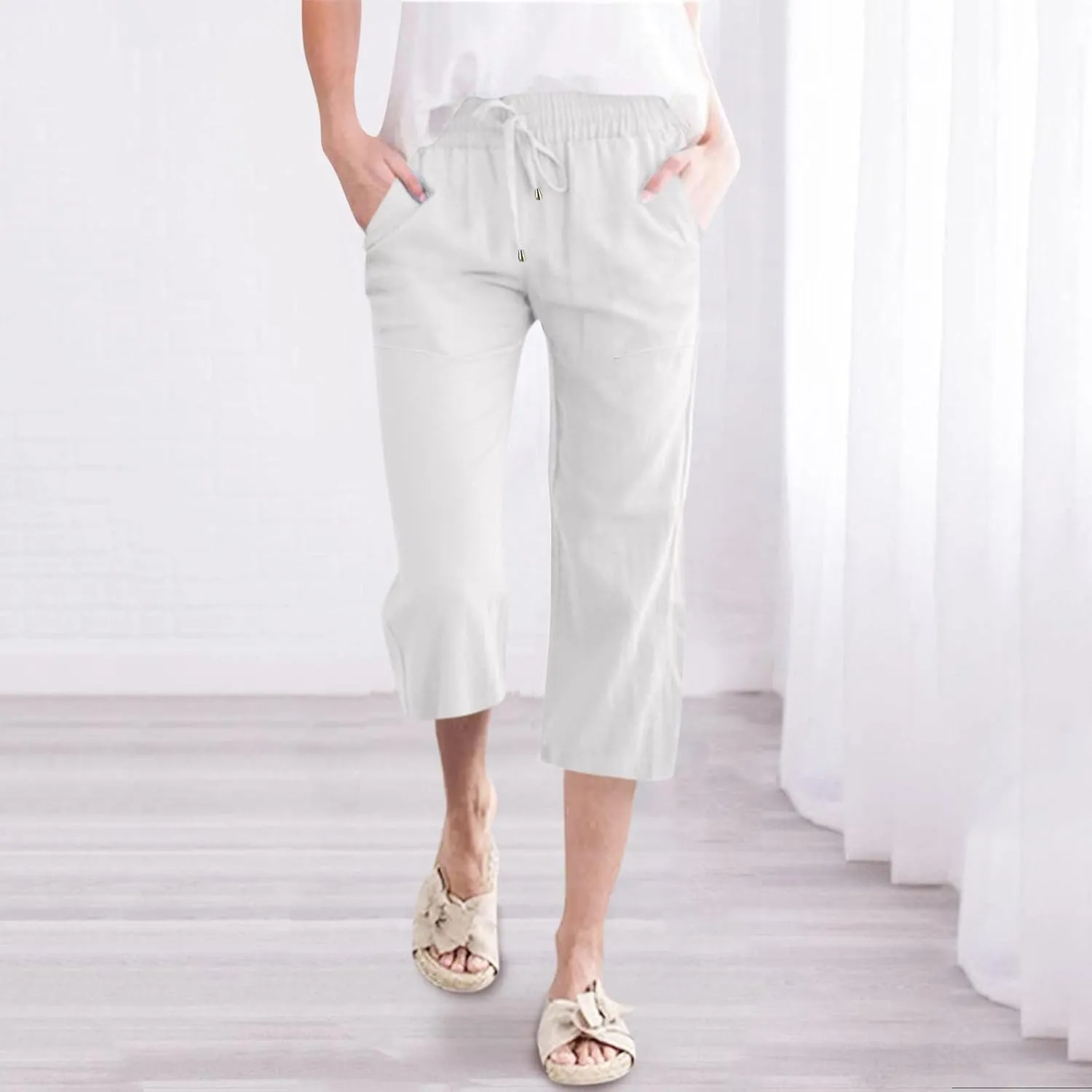 Women's Capris Summer Cotton Linen Pants Casual Lightweight Elastic Cropped Trousers Palazzo Pants
