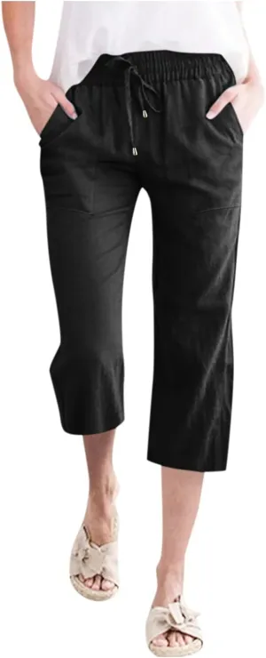 Women's Capris Summer Cotton Linen Pants Casual Lightweight Elastic Cropped Trousers Palazzo Pants