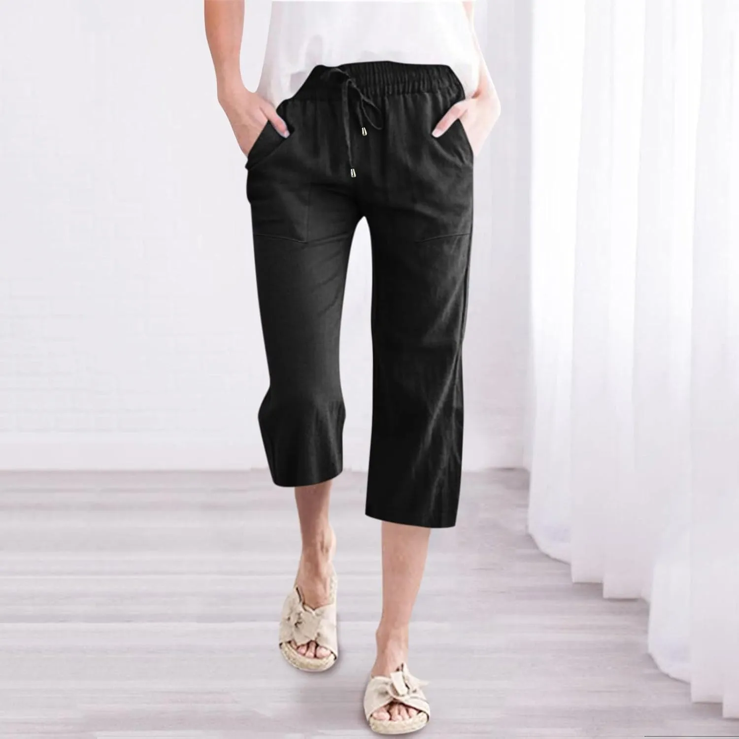 Women's Capris Summer Cotton Linen Pants Casual Lightweight Elastic Cropped Trousers Palazzo Pants