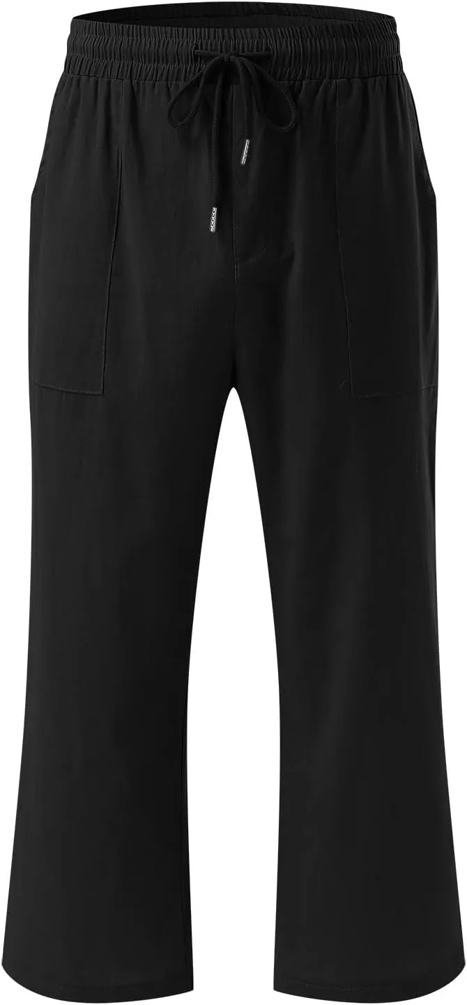 Women's Capris Summer Cotton Linen Pants Casual Lightweight Elastic Cropped Trousers Palazzo Pants
