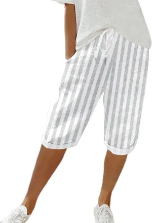 Womens Casual Linen High Waist Pants Vintage Floral Print Casual Plus Size Trendy Striped Spring Summer Gauze Pants