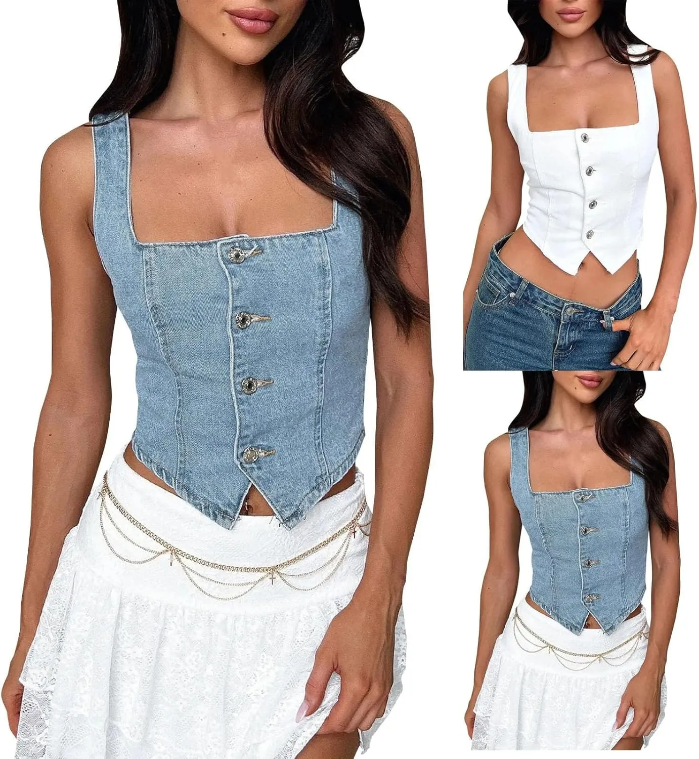 Women's Sexy Sleeveless Tank Tops Slim Suspender Button Down Square Neck Denim Camisole