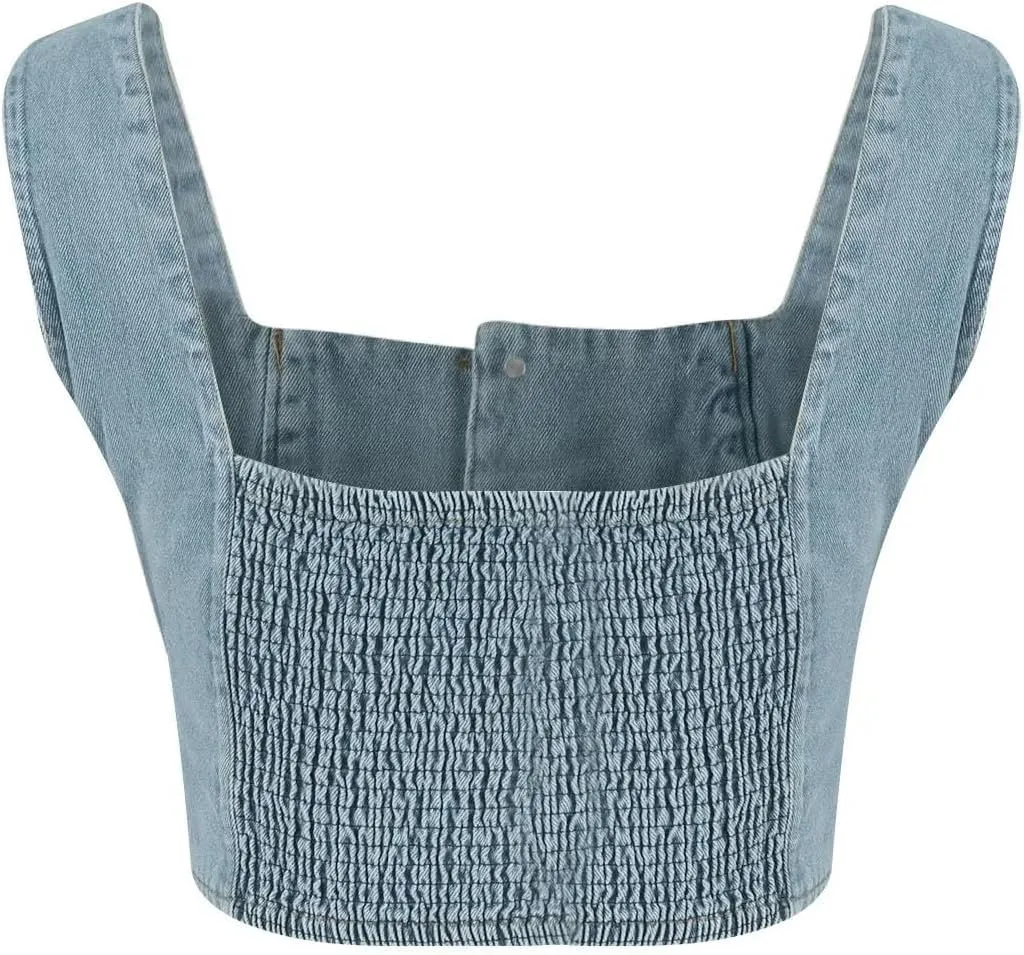 Women's Sexy Sleeveless Tank Tops Slim Suspender Button Down Square Neck Denim Camisole